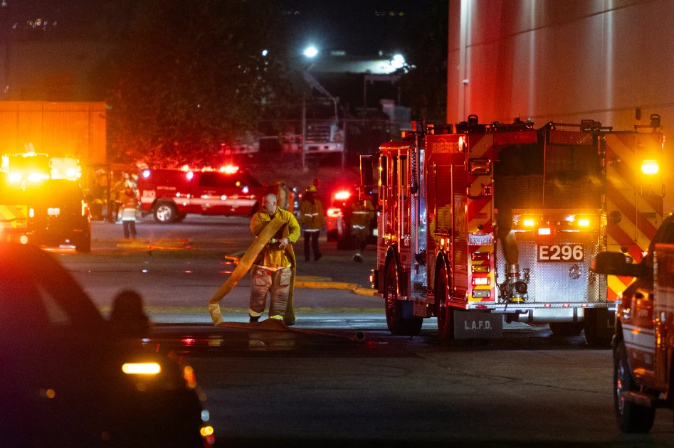 First responders work on the scene after a news helicopter crashed in Chatsworth, a suburban neighborhood of Los Angeles, California on September 15, 2026.